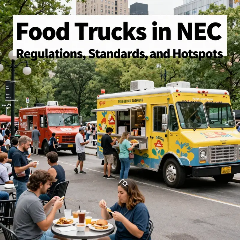Food trucks in NYC lined up in a bustling street, reflecting the diverse culinary environment.