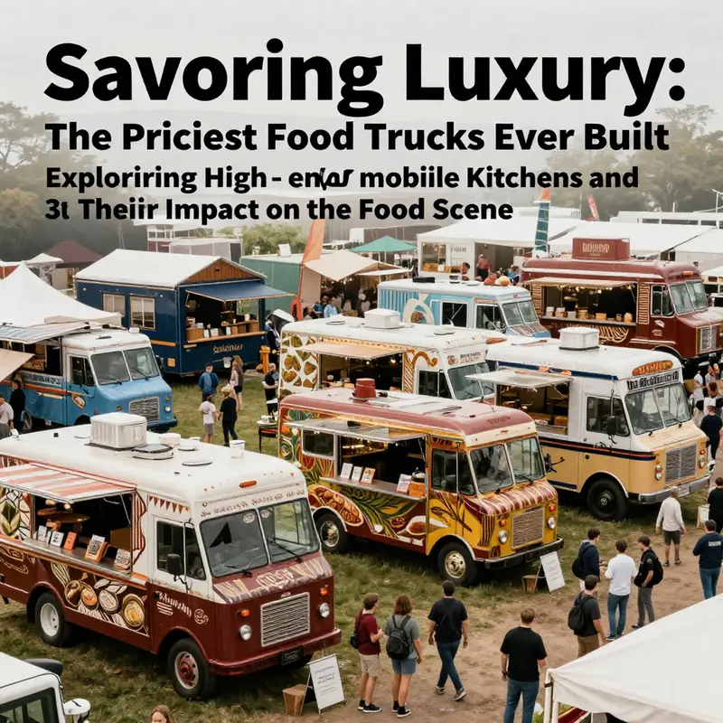 A colorful scene depicting multiple luxury food trucks at a food festival, with enthusiastic attendees enjoying the diverse offerings.