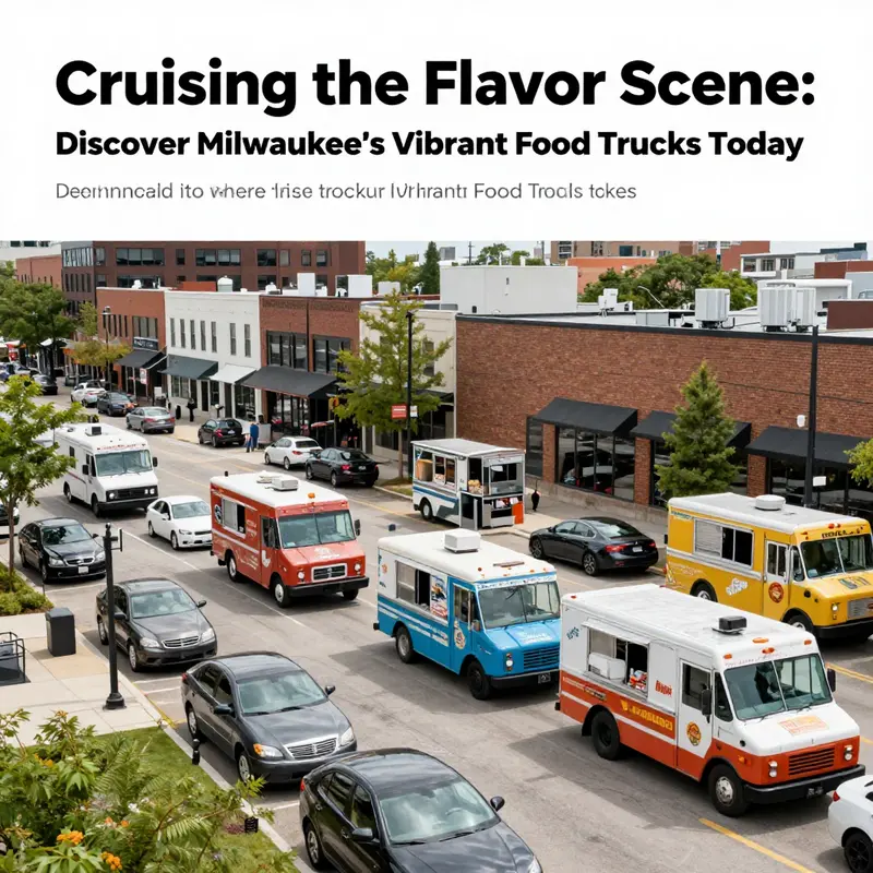 Milwaukee cityscape featuring food trucks and parked cars, illustrating the connection between automotive culture and culinary delights.