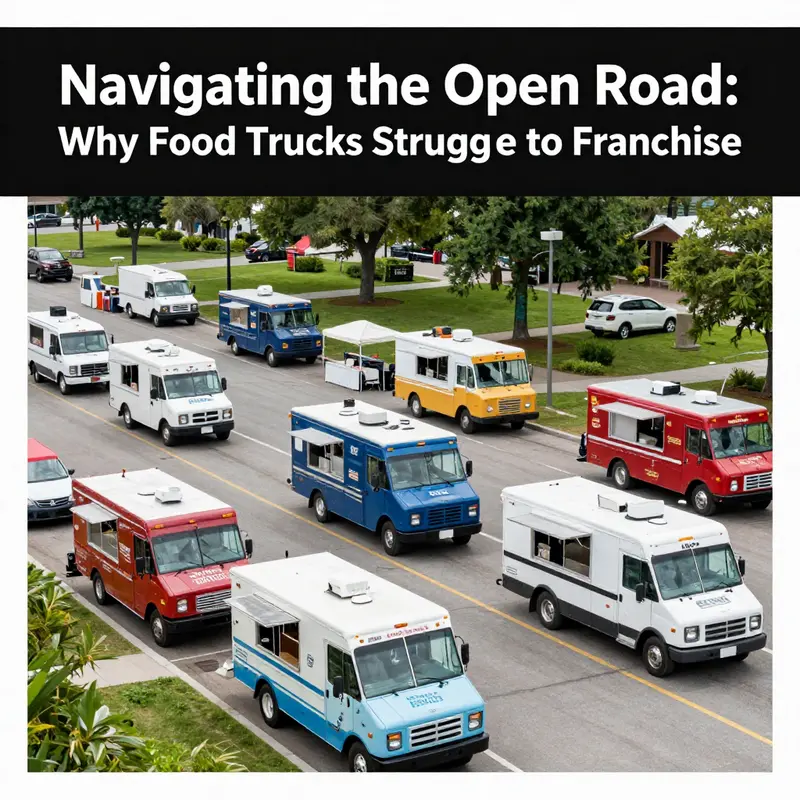 A food truck surrounded by various regulatory signs, representing the complexities of local laws affecting their franchise potential.