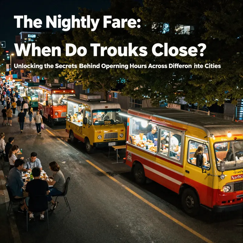 A lively nighttime urban scene with food trucks illuminated by colorful lights, showcasing a diverse range of foods being served.
