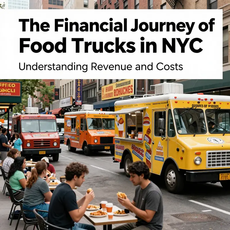 A lively NYC street with multiple food trucks highlighting the revenue potential for food vendors.