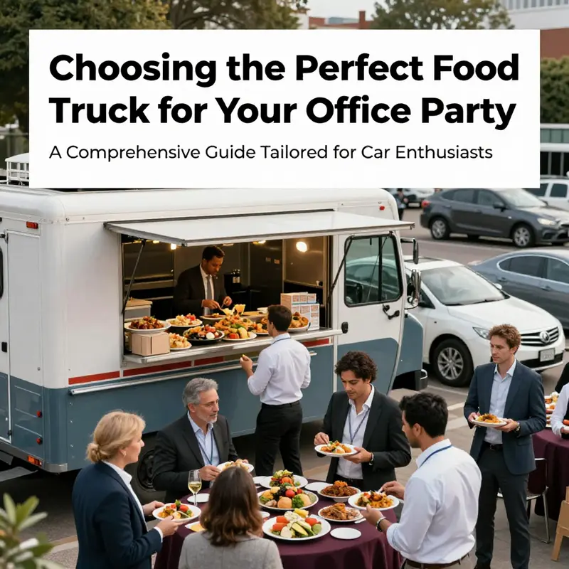 An outdoor office party with employees enjoying food from a food truck, creating a lively atmosphere filled with laughter and automotive enthusiasm.
