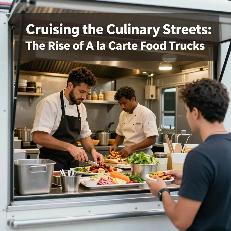 Diverse A la Carte food trucks serving an array of delicious dishes on a lively urban street.