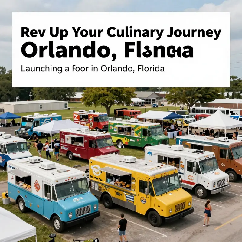 Wide view of food trucks at an Orlando festival, showcasing a variety of dishes and lively crowds.