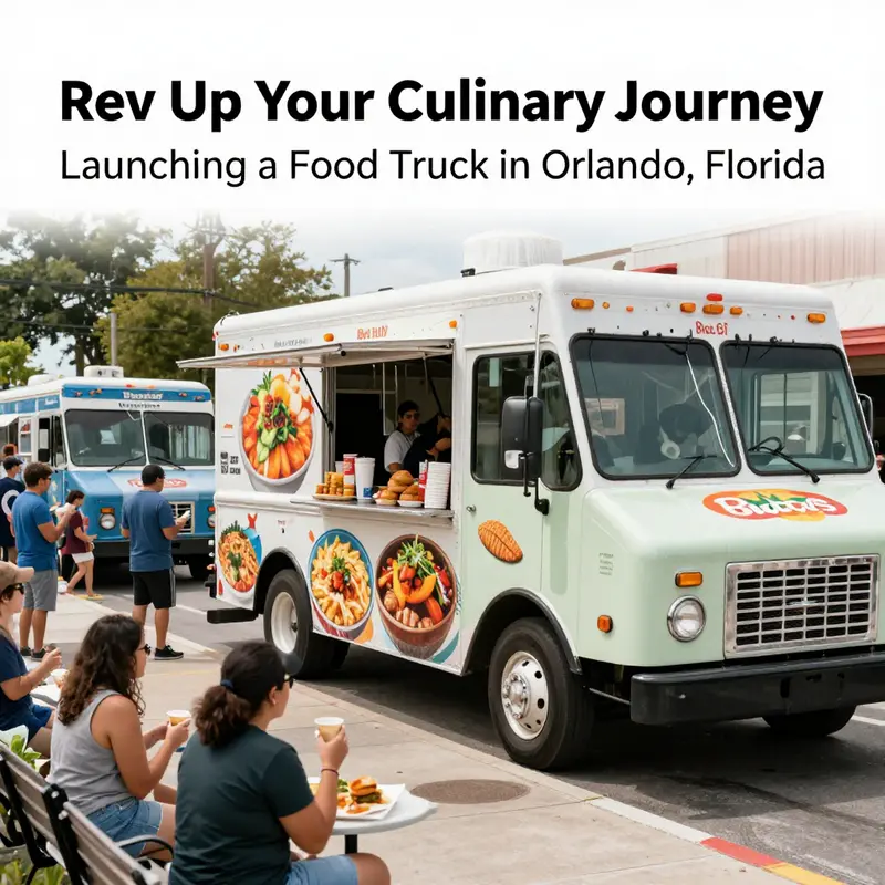 A lively scene of food trucks catering to the eclectic tastes of Orlando’s diverse population.