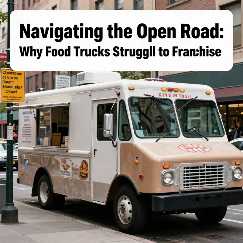 A food truck surrounded by various regulatory signs, representing the complexities of local laws affecting their franchise potential.