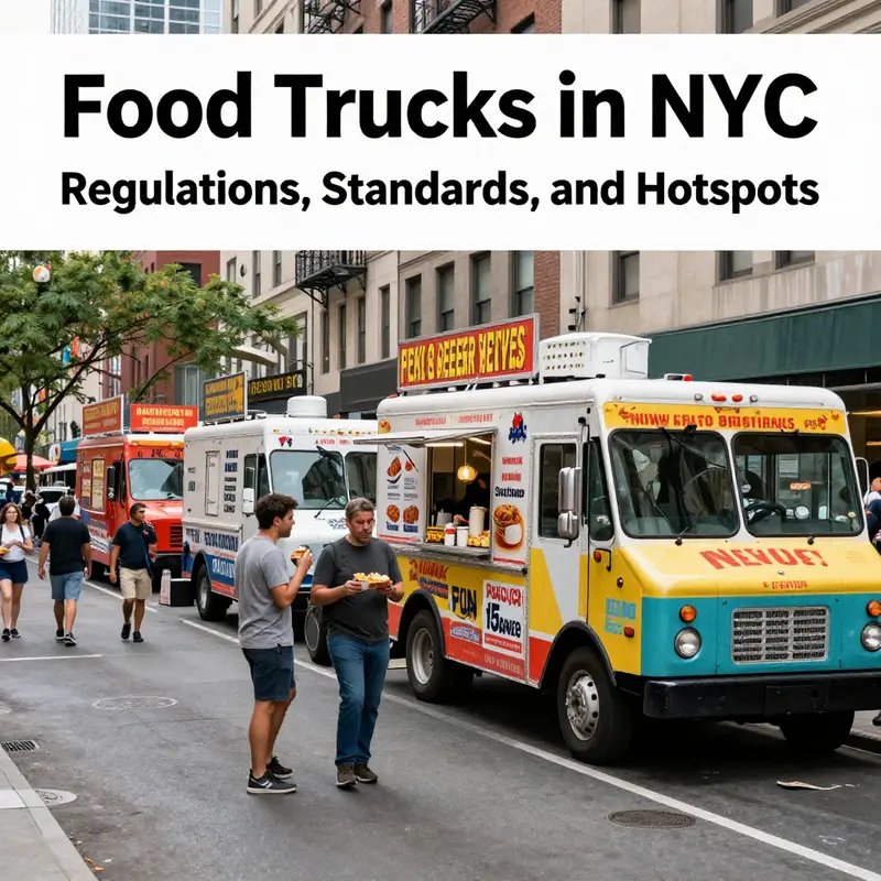 Food trucks in NYC lined up in a bustling street, reflecting the diverse culinary environment.