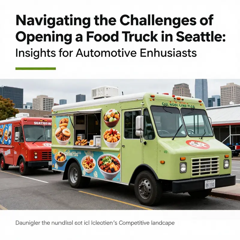 A lively scene showcasing various food trucks in Seattle, symbolizing the vibrant culinary scene against a city backdrop.