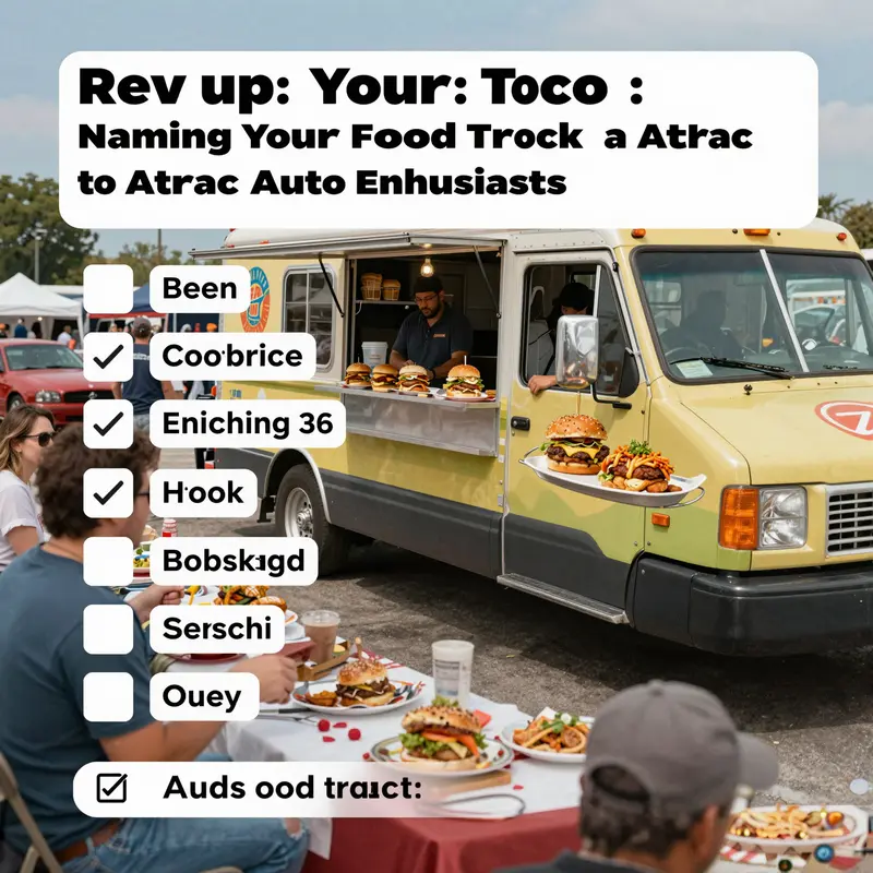 A collection of theme-based names showcasing creative culinary branding for food trucks targeting car enthusiasts.