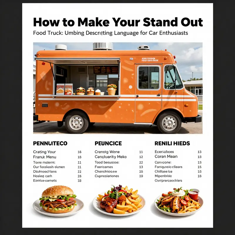A simplified food truck menu showcasing select items that cater to car enthusiasts, emphasizing clarity and focus.