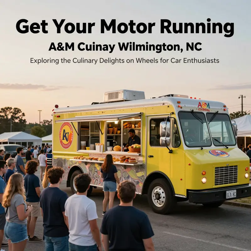 A beautiful sunset backdrop with A&M Food Truck in the foreground serving happy customers.