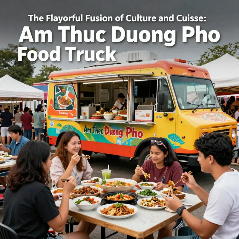A lively image of Am Thuc Duong Pho Food Truck at a food festival, showcasing happy customers and delicious dishes.