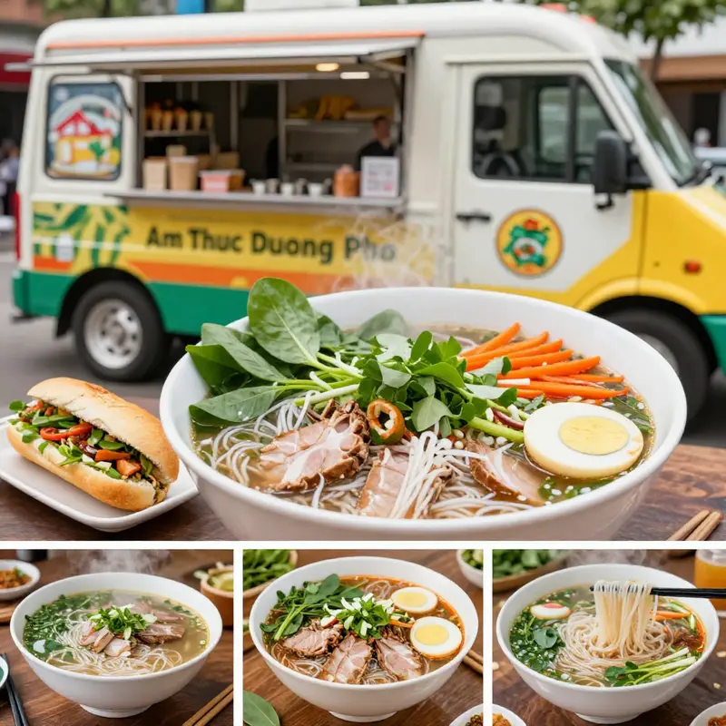 A vibrant display of social media images capturing the bustling atmosphere and delectable dishes from Am Thuc Duong Pho Food Truck.
