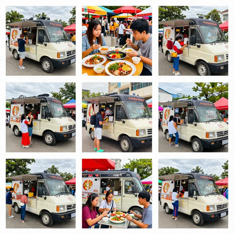 A vibrant display of social media images capturing the bustling atmosphere and delectable dishes from Am Thuc Duong Pho Food Truck.