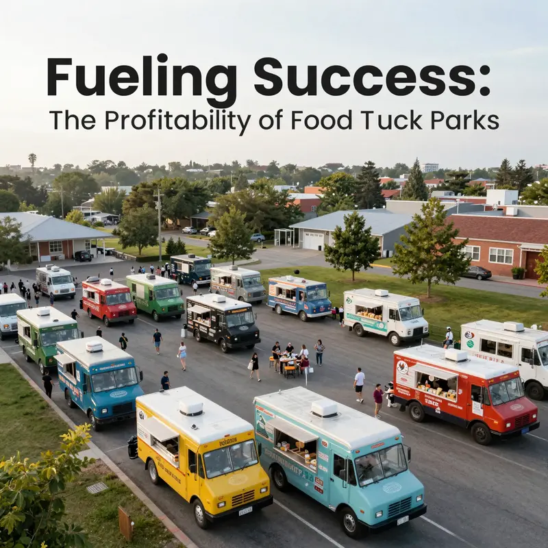 A busy food truck park strategically located in a high-traffic urban area, illustrating the importance of location in profitability.
