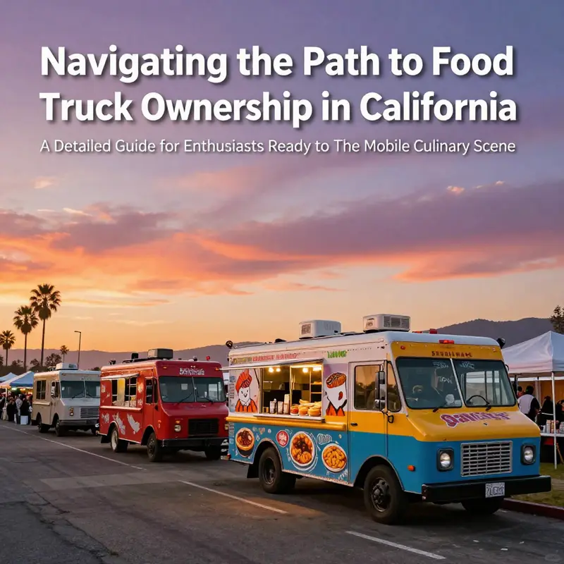 A food truck festival in California during sunset, featuring multiple food trucks and excited diners.