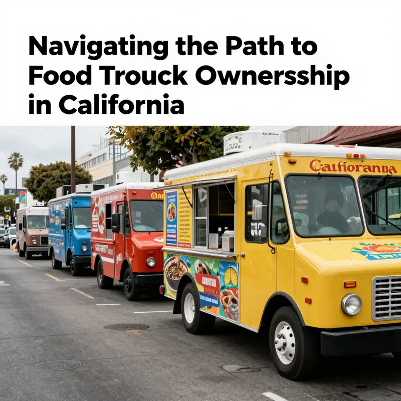 Food trucks lining up on a vibrant California street, showcasing diverse culinary offerings.