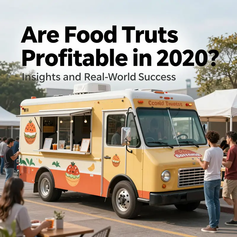 Food trucks in a busy city setting with graphical overlays showcasing market growth and profitability data from 2020.