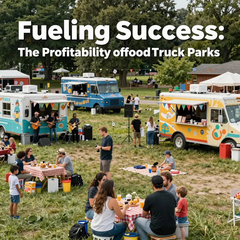 A busy food truck park strategically located in a high-traffic urban area, illustrating the importance of location in profitability.
