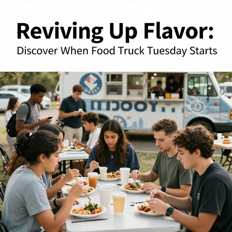 Food Truck Tuesday kicking off at 11 AM with eager students lining up for various culinary delights.