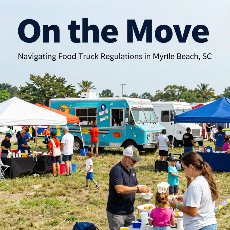 Food trucks operating at Myrtle Beach, highlighting the regulatory framework around their presence.