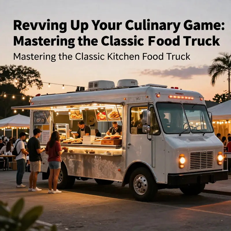 A classic kitchen food truck serving eager customers at sunset, creating an inviting atmosphere filled with delicious food.