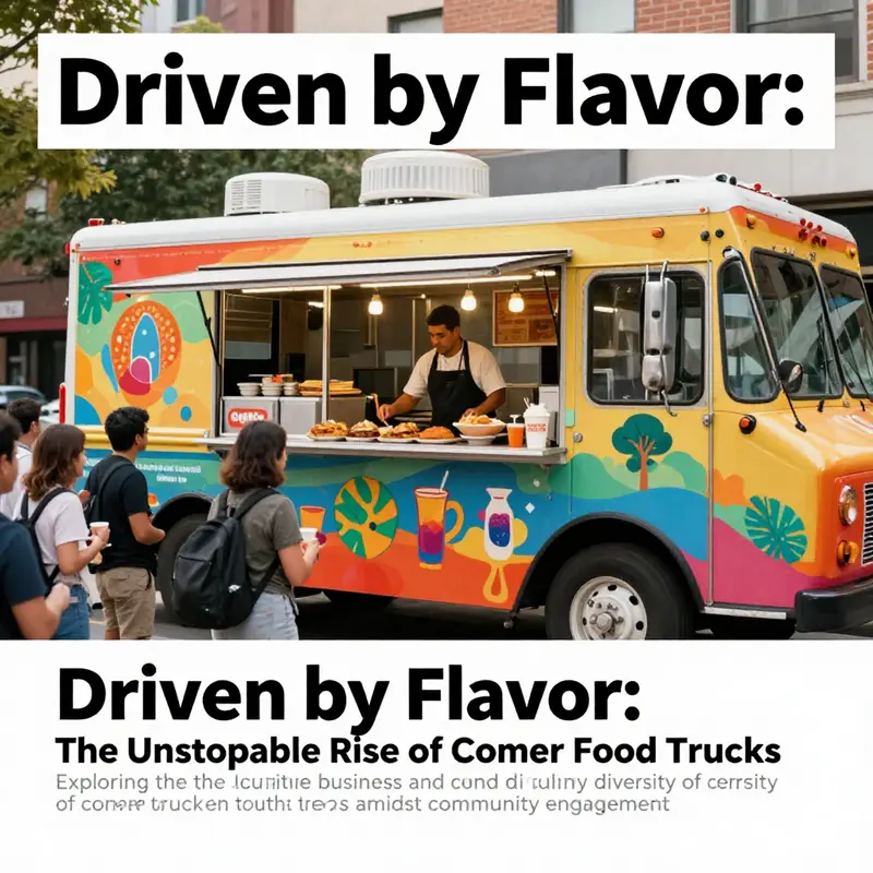 A busy comer food truck scene, showcasing a chef serving dishes to customers, representing the vibrant food culture.
