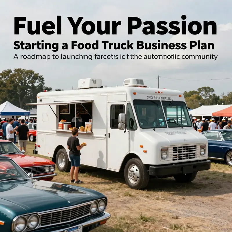 A bustling food truck at an automotive event with classic cars and crowds enjoying diverse cuisines.