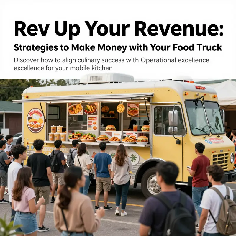 A bustling food truck surrounded by happy customers enjoying delicious food.