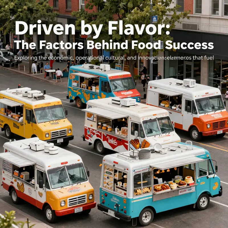 A colorful urban environment filled with diverse food trucks serving a variety of cuisines, encapsulating the food truck trend.