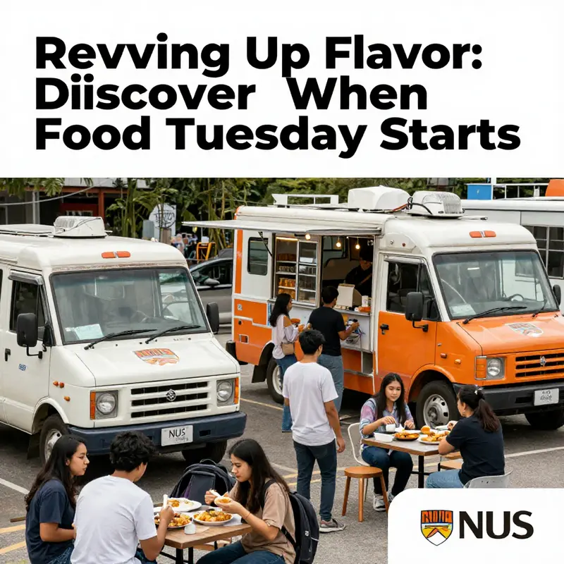 A dynamic view of NUS's Food Truck Tuesday with students enjoying a variety of international dishes.