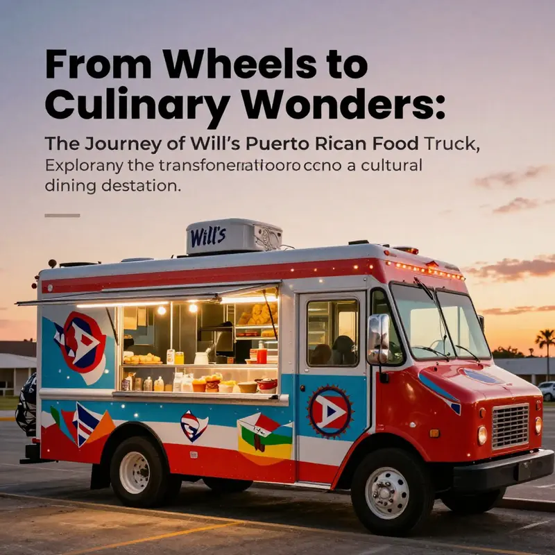 Will's Puerto Rican food truck illuminated at sunset, surrounded by happy diners.