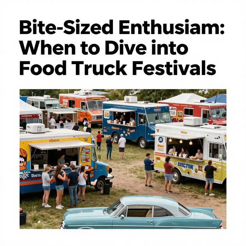 Crowds enjoying a vibrant food truck festival environment, with colorful trucks and a classic car in view.