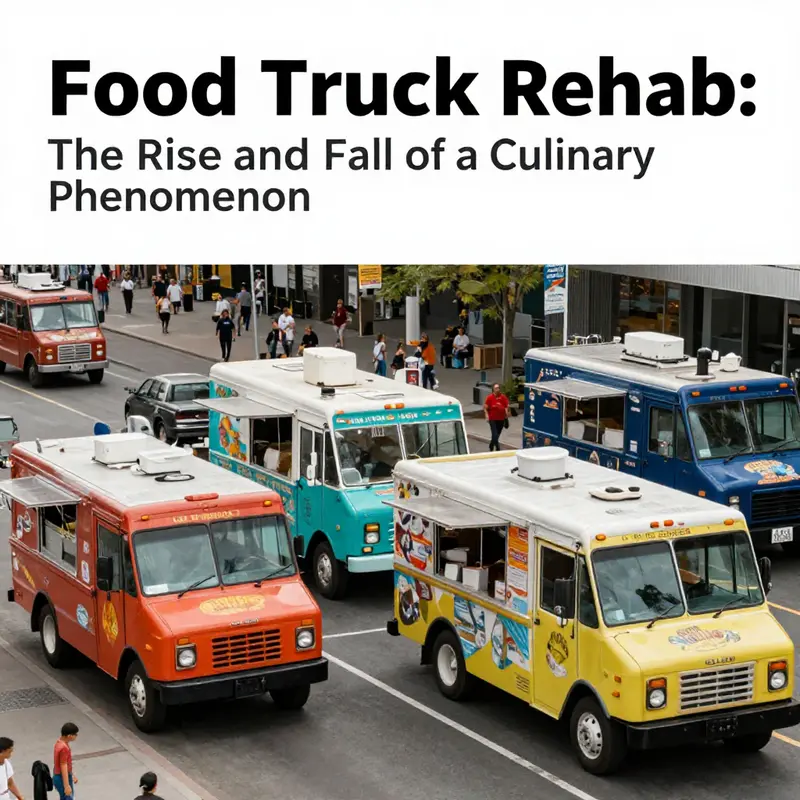 A lively city setting filled with diverse food trucks, representing the culinary culture and community inspired by Food Truck Rehab.
