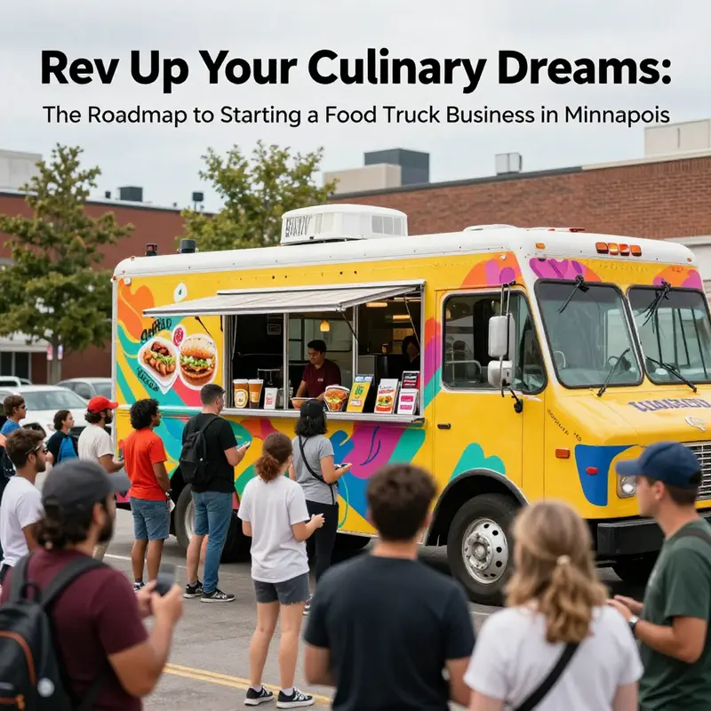 A lively Minneapolis street filled with food trucks and enthusiastic customers, celebrating the food truck culture.