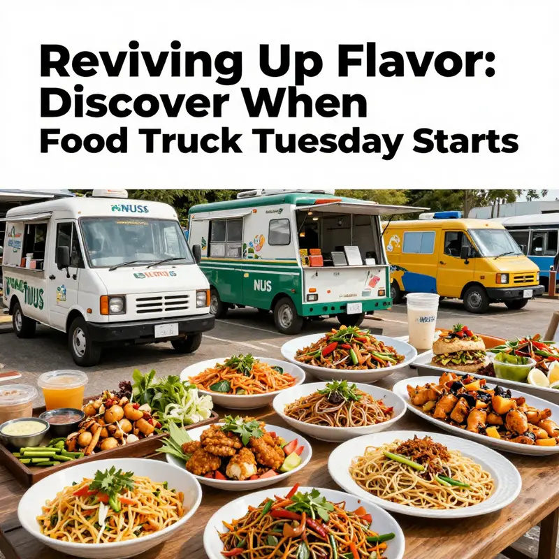 Food Truck Tuesday kicking off at 11 AM with eager students lining up for various culinary delights.