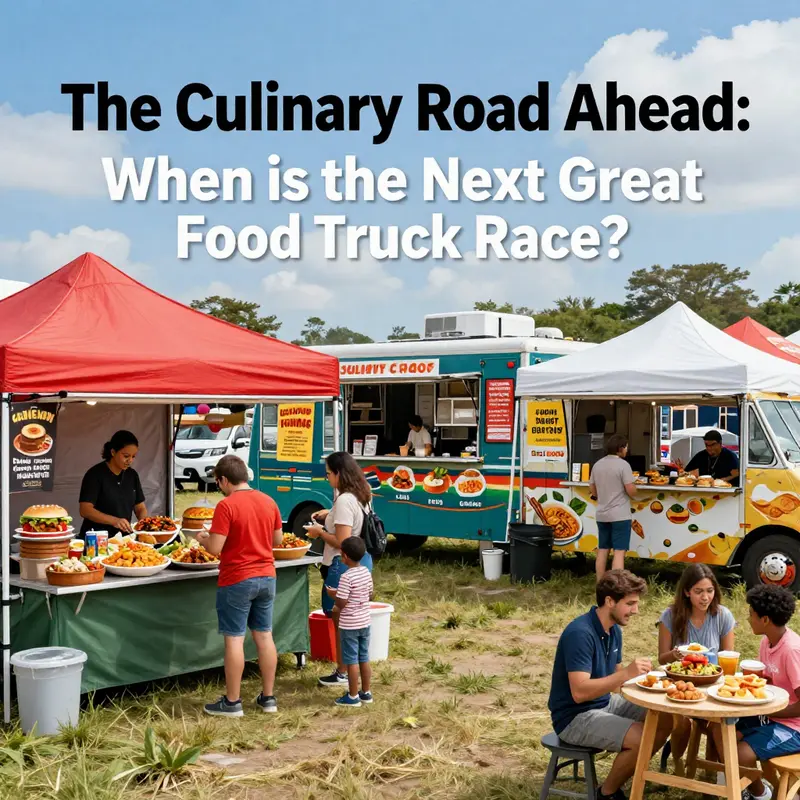 The bustling scene of food trucks at a community festival reflecting excitement and diversity in culinary experiences.