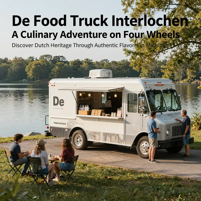 A food truck next to a lake with happy customers, showcasing the beauty of outdoor dining in Michigan.