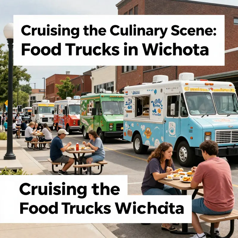 A lively view of downtown Wichita, highlighting popular food trucks congregating during lunch hours.