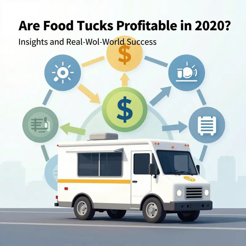 Food trucks in a busy city setting with graphical overlays showcasing market growth and profitability data from 2020.