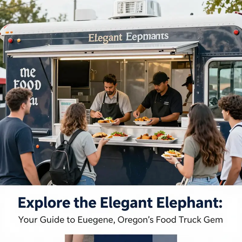 The Elegant Elephant Food Truck at its location on Oak Street, a hotspot for food lovers in Eugene.
