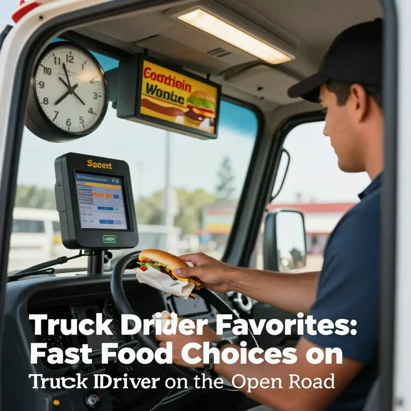 A bustling truck stop highlights popular fast food chains frequented by truck drivers.