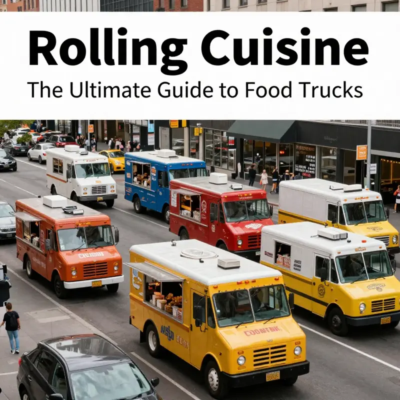 Various food trucks lined up on a busy street, showcasing a variety of cuisines and urban life.