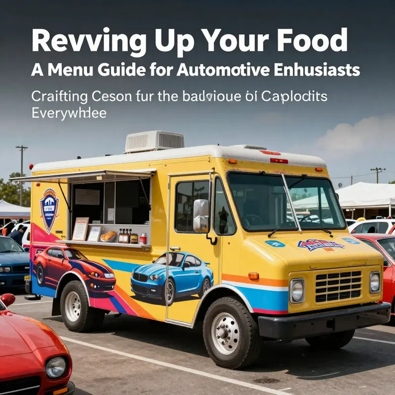 An automotive-themed food truck at a car meet, attracting crowds with its unique menu and lively design.