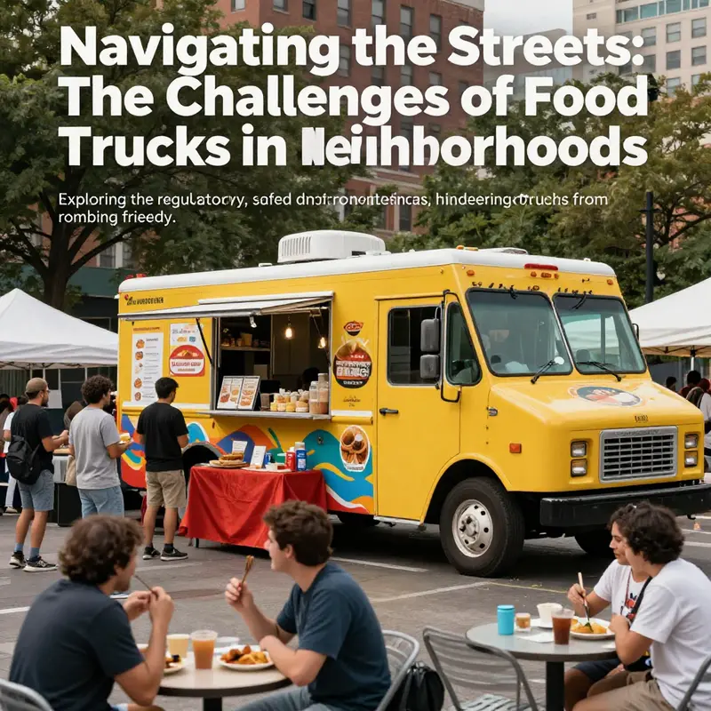 A lively food truck festival with various vendors and delighted customers enjoying their meals in an outdoor urban space.
