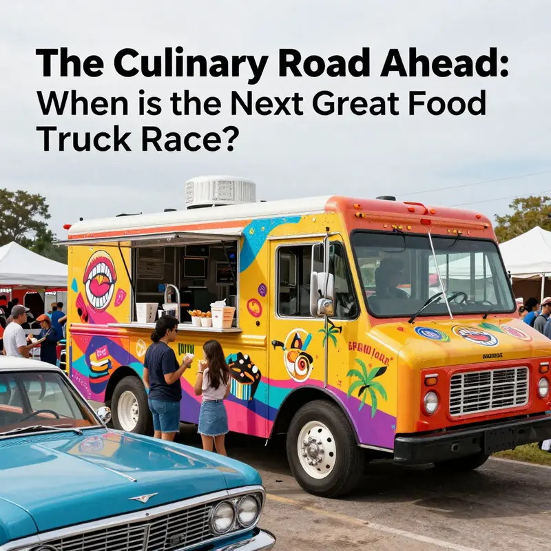 A vibrant food truck parked at a festival, with classic cars and people enjoying delicious street food.