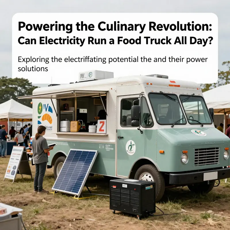 A lively food truck festival featuring multiple trucks equipped with solar panels and generators.