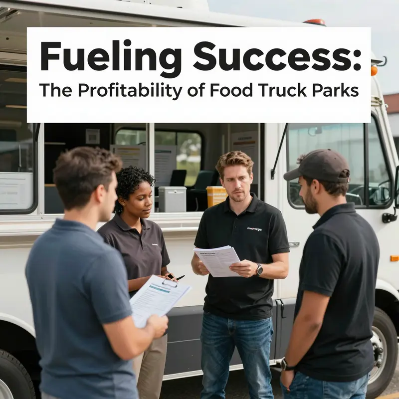 A busy food truck park strategically located in a high-traffic urban area, illustrating the importance of location in profitability.