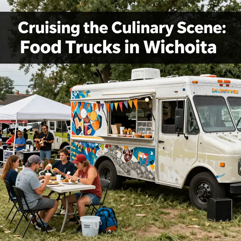 A lively view of downtown Wichita, highlighting popular food trucks congregating during lunch hours.